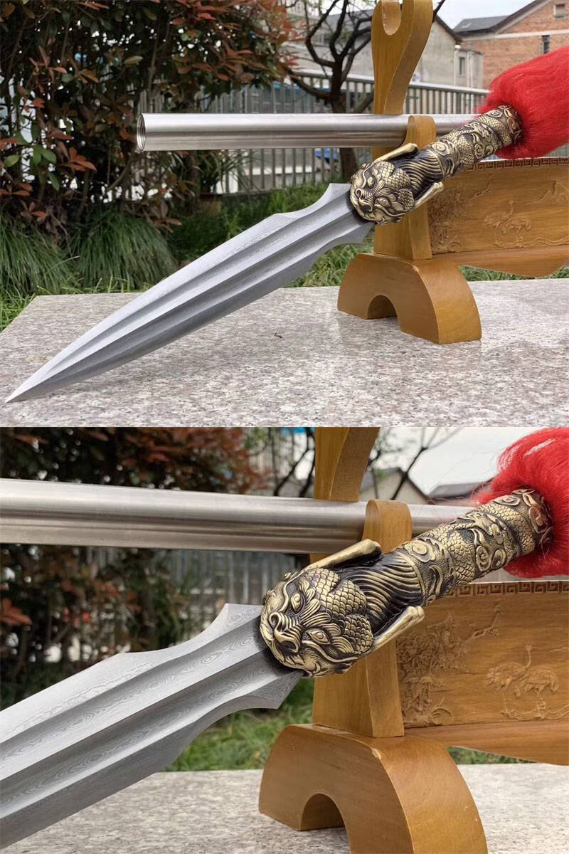 红缨枪 龙泉市霸王枪花纹钢枪头长矛古代冷赵云枪红缨枪未开刃 金色