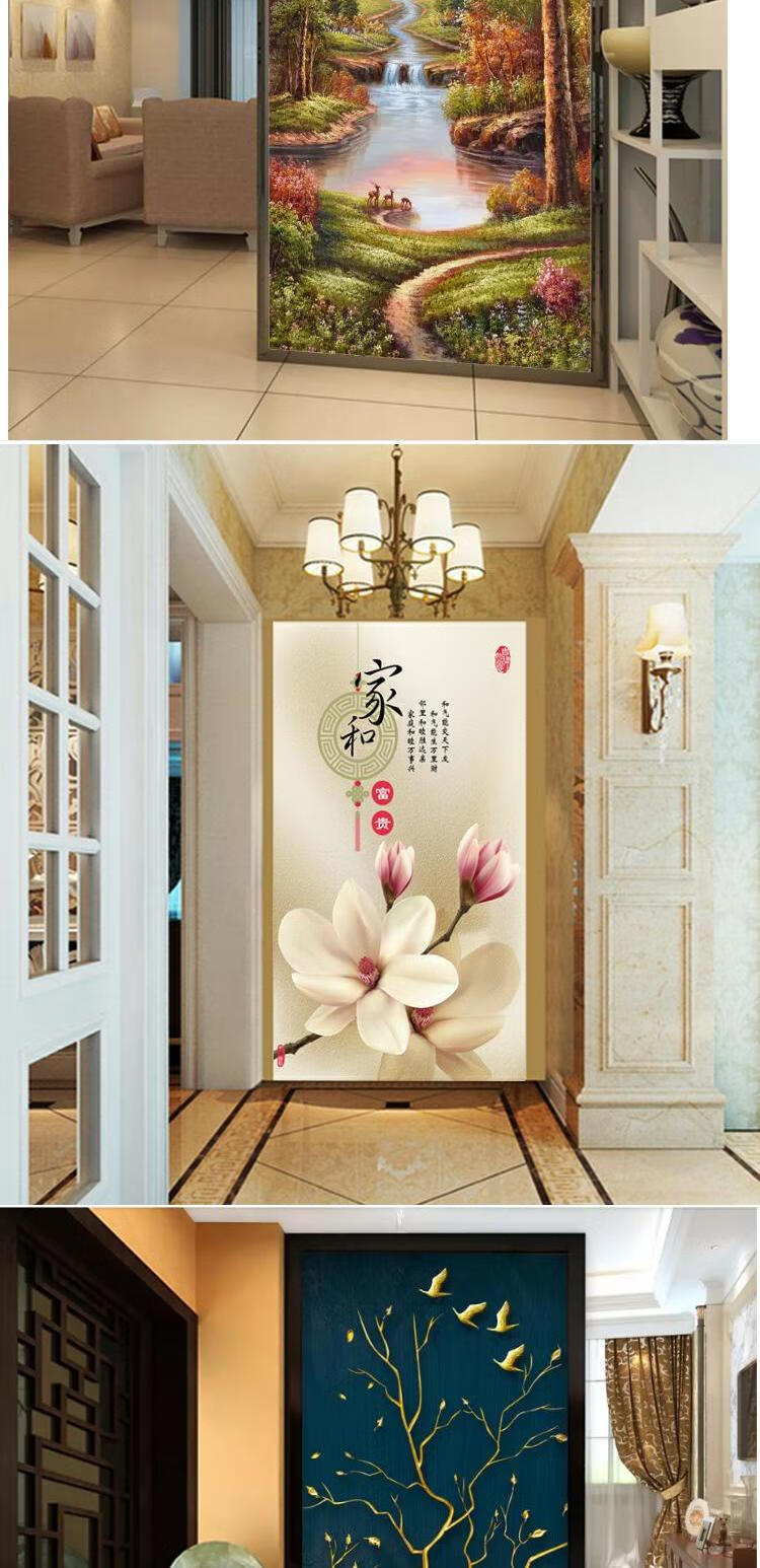 墙纸空间延伸3d玄关墙布美式手绘金色过道走廊壁纸发财树进门壁画