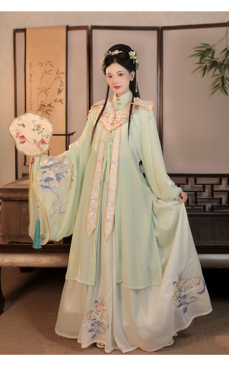 艾诺黛原创汉服女成人拾里春古装明制立领长衫薄款云肩白粉套装xl