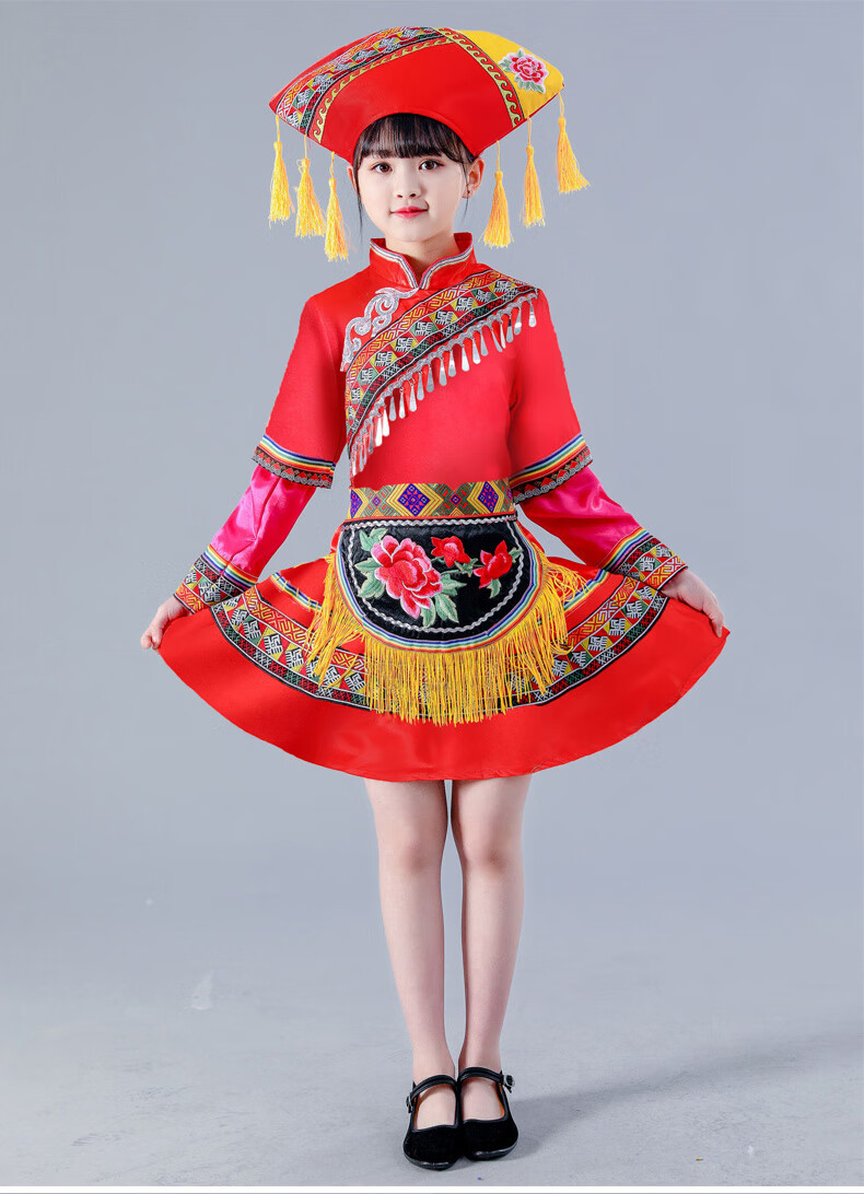 儿童壮族演出服广西壮族三月三男女童服装少数民族表演服壮族服装e