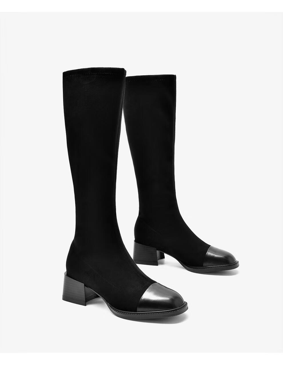 beau2020夏季新款女鞋长筒靴欧美风直筒靴长靴欧美绒面弹力靴中跟