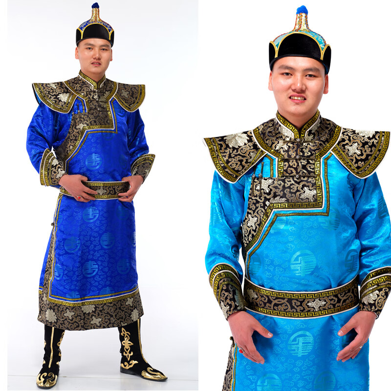 男士蒙古蓝色长款袍子秋天厚款演出舞蹈舞台56个少数民族服装 宝蓝色