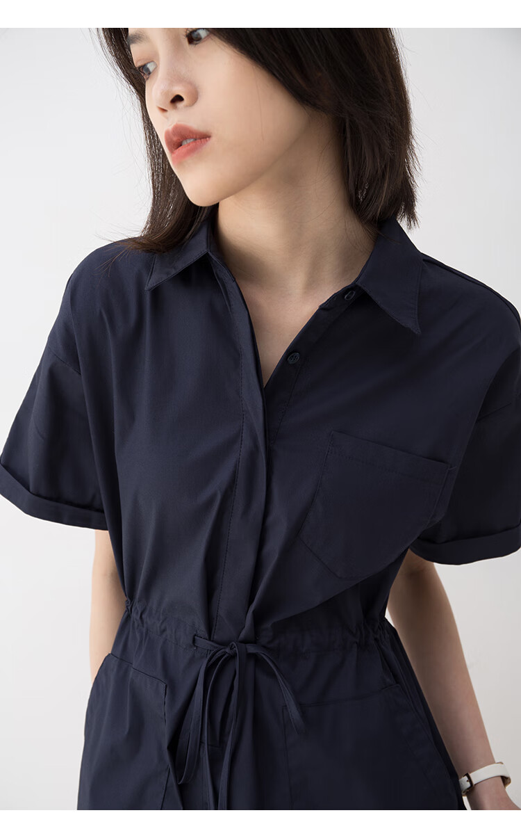 藏蓝色落肩袖收腰绑带短裤潮休闲新款工装连体裤女夏薄款藏青色s适合