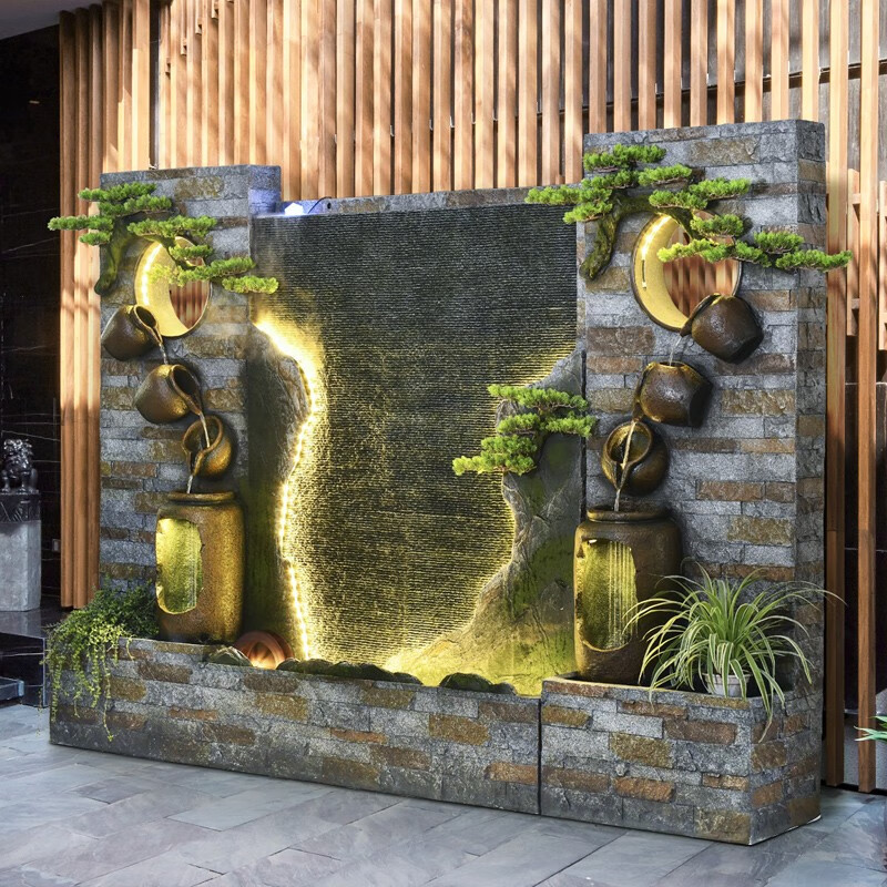人文家居大型水幕墙庭院高山流水喷泉摆件公司办公室会所隔断假山造景