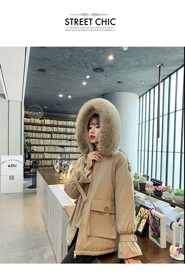 105981-拉夏贝尔棉服女21年新款女装百搭工装派克服女气质时尚冬装 米白色 L-详情图