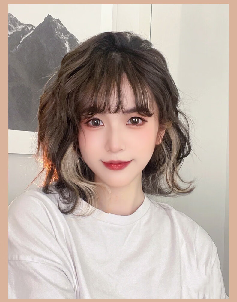 假发短发女夏全头套自然仿真挑染水波纹羊毛卷适合圆脸发型假发套
