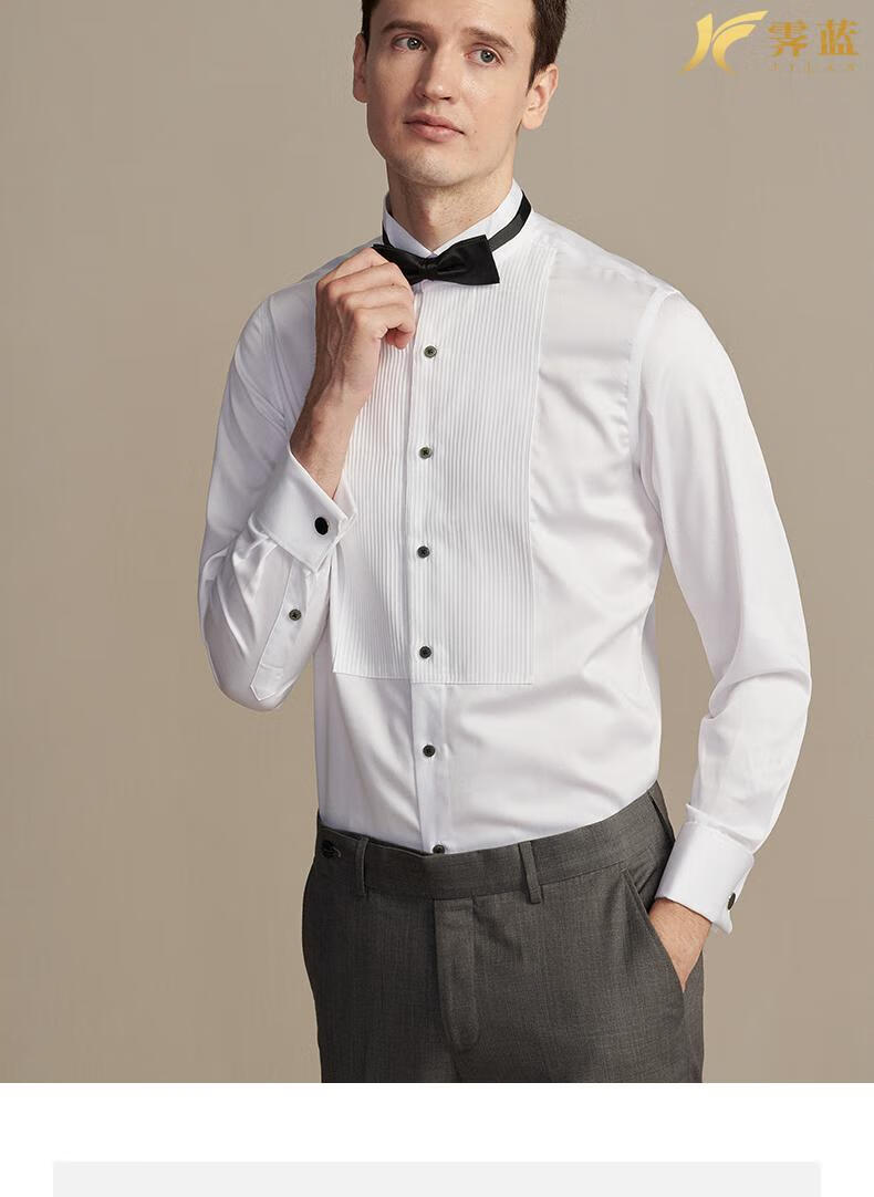 霁蓝品牌轻奢高端新款男士工作服法式翼领礼服长袖衬衫男前褶商务修身