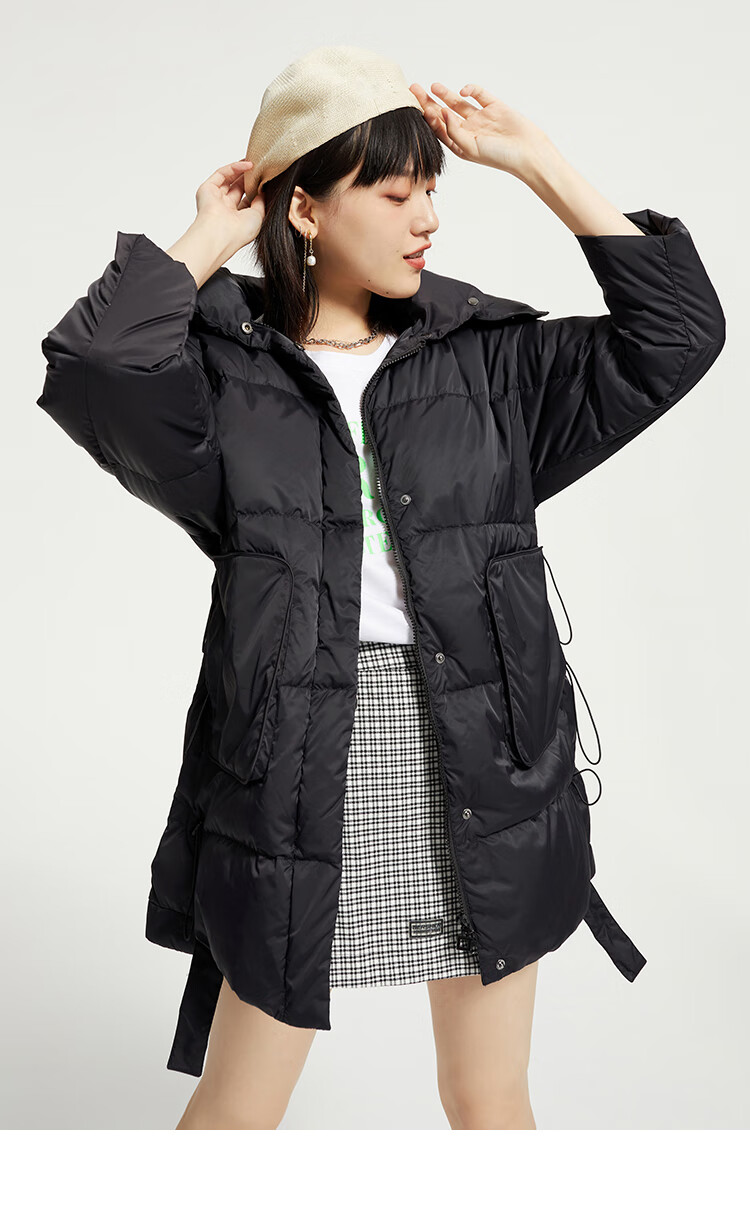 eral艾莱依2020秋冬新款中长款羽绒服女连帽保暖大衣6019aa01297炭黑