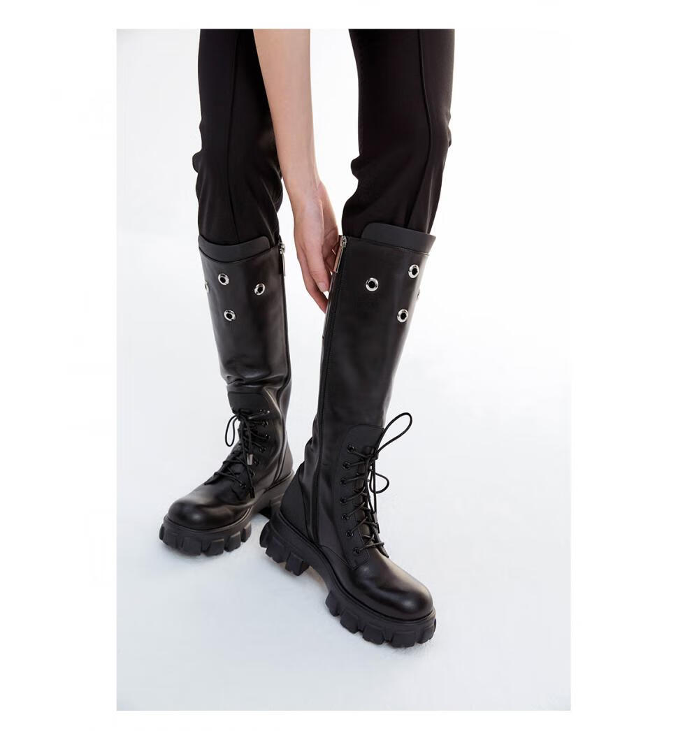 lost in echo 不无聊的靴系列 圆提手气眼膝下厚底轻靴 墨黑 35【图片