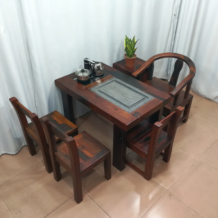 茶桌椅组合 小型老船木茶桌椅组合实木仿古茶台简约茶几阳台户外小