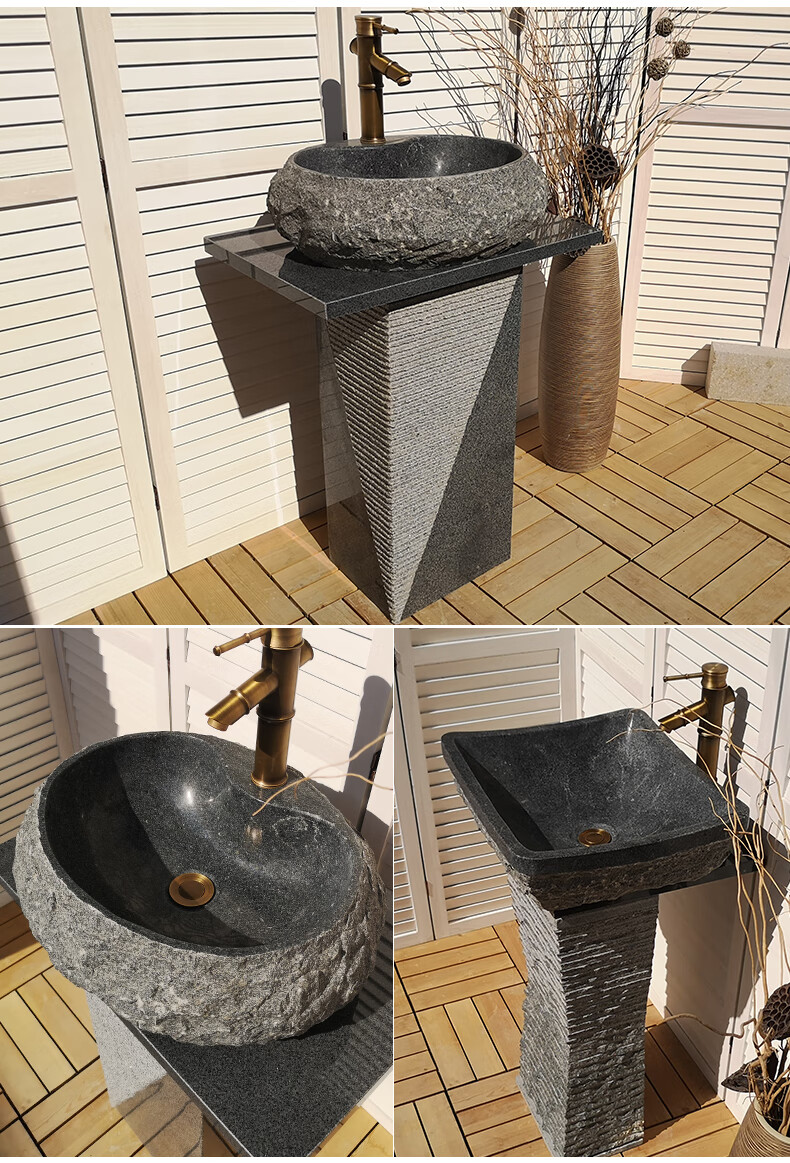 适用石头立柱盆户外洗手盆庭院石材立柱式洗脸盆别墅落地室外水池家用