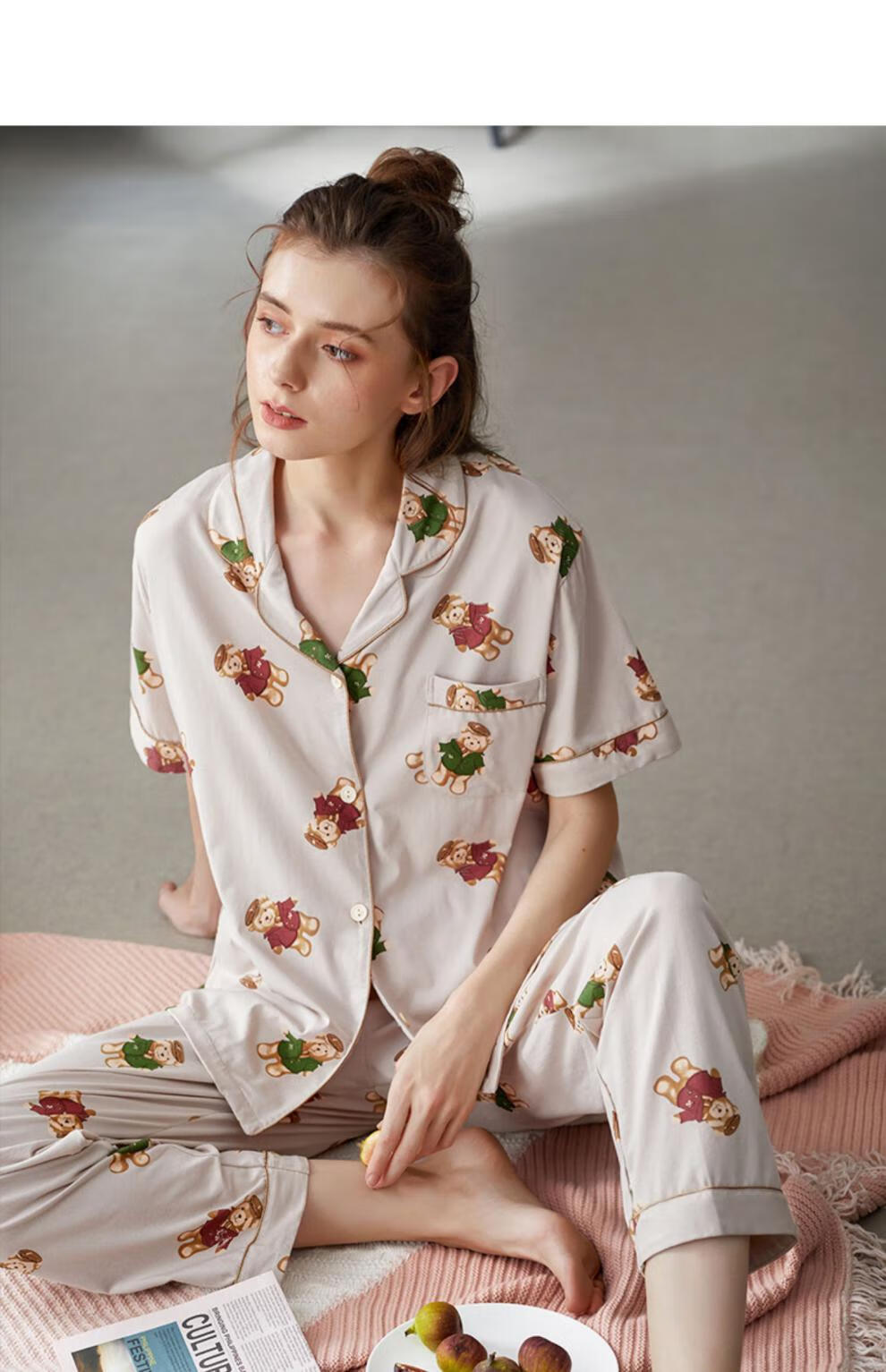 达尔丽睡衣女夏纯棉短袖长裤薄款卡通印花翻领开衫家居服套装t8221