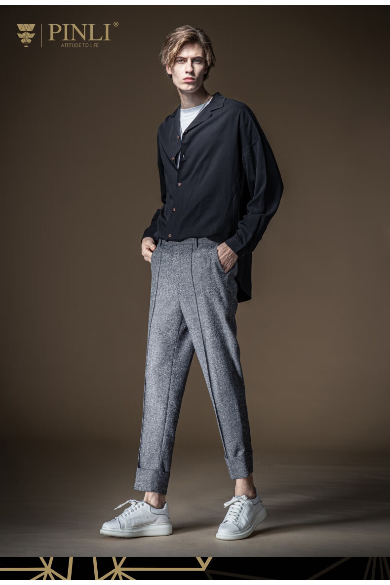 pinli品立休闲裤男装秋季新款男装阔腿裤裤男士长裤b203317317灰色31