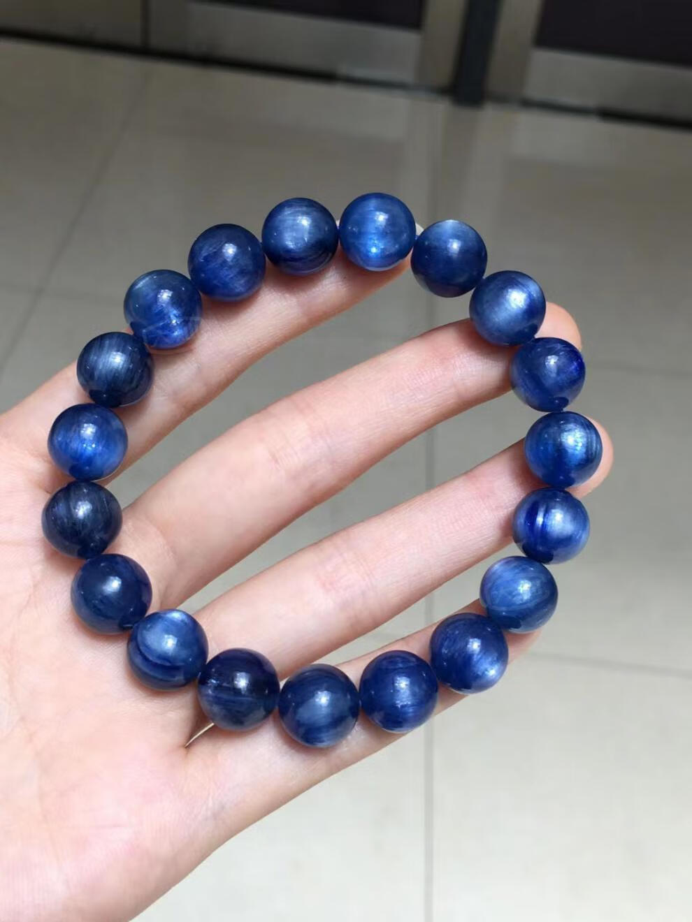 大灿天然蓝晶石手链男女款送朋友猫眼蓝晶冰润105mm礼品单圈圆珠手串