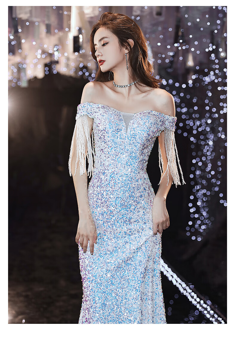 服装亮片晚礼服2020新款秋流苏鱼尾气质性感宴会一字肩礼服裙女 银色