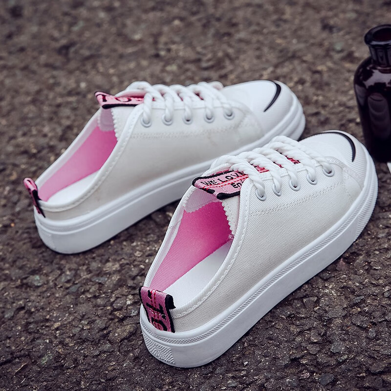 无后跟懒人鞋女半托女鞋春季百搭无后跟帆布鞋女学生平底韩版包头半