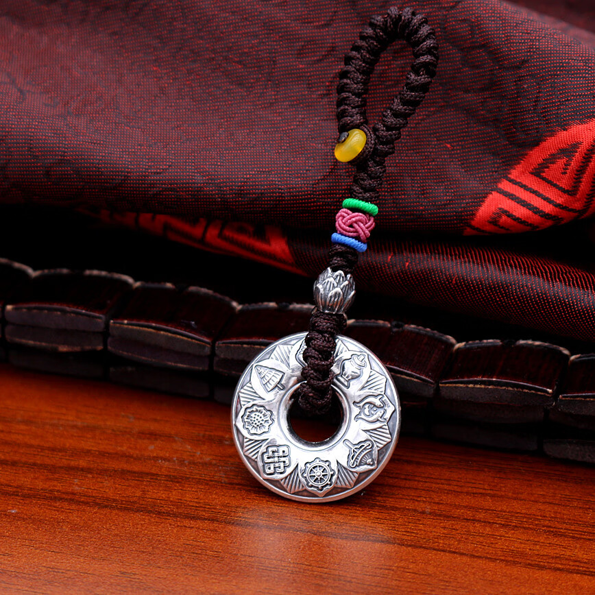 孤潮曼(gcm)六字真言实心纯银平安扣钥匙扣999足银男女手机挂件心经车