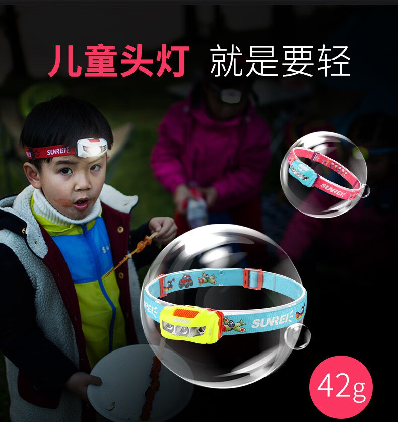 儿童头灯户外头戴式夜跑led登山露营灯夏令营防水头灯轻量艾玲海洋蓝