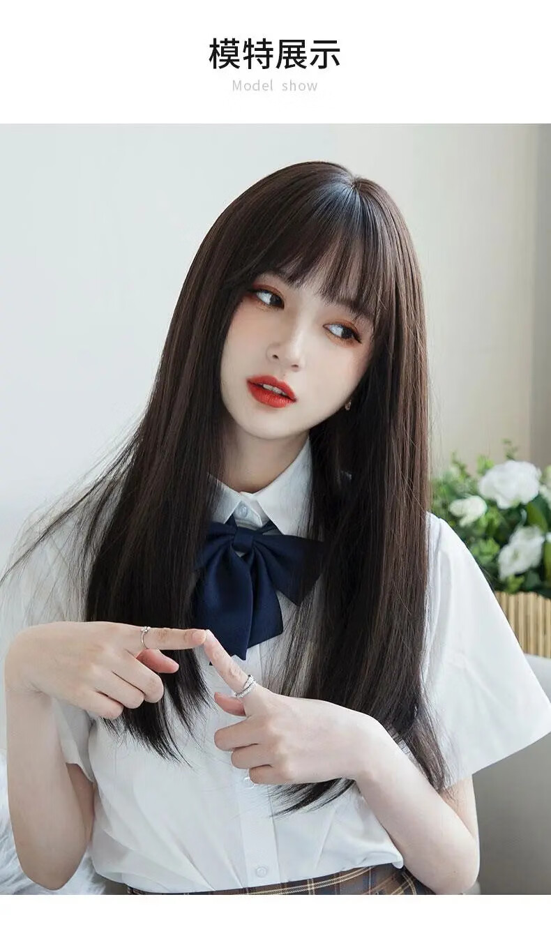 假发女中长发锁骨发空气刘海自然蓬松短发圆脸修脸长直发全头套自然