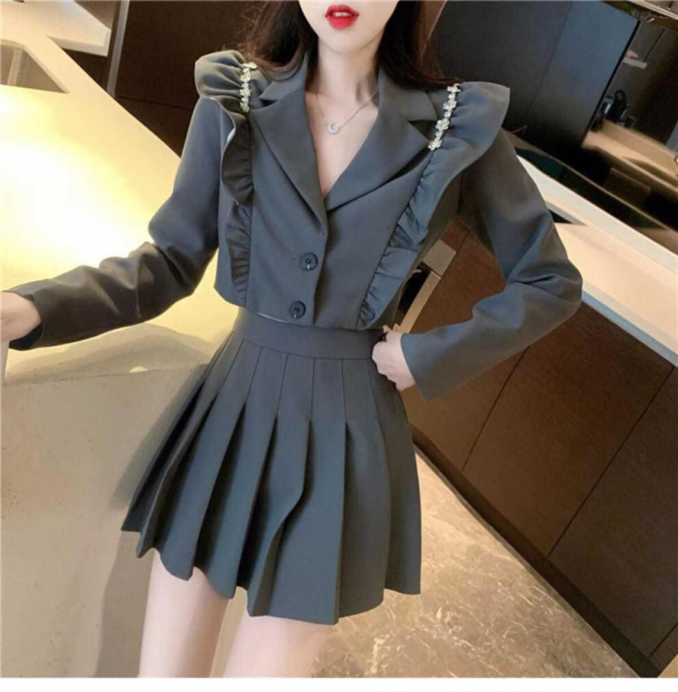 短裙套装两件套名媛小香风时尚套装女早春新款小西装短外套百褶半身裙