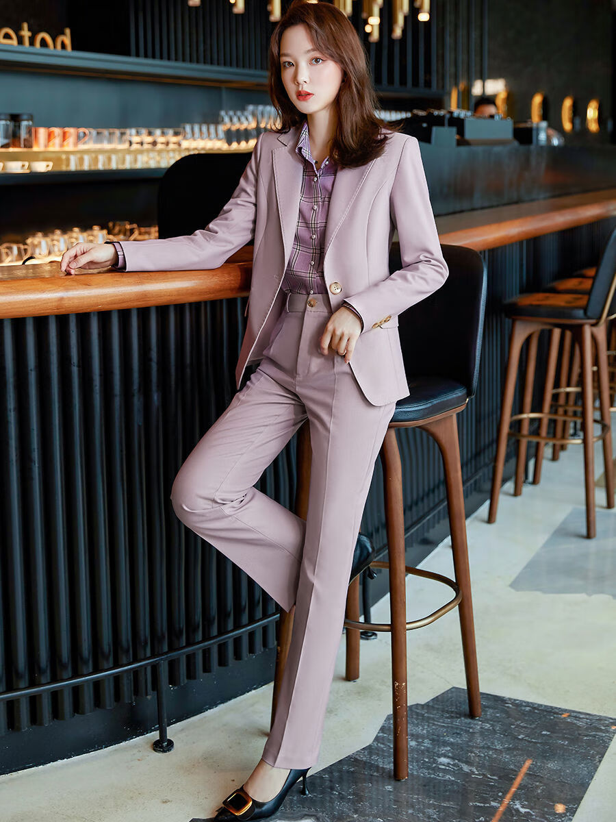 2022年新款休闲套装女秋冬洋气职业装时尚气质女神范西服长裤蓝色裤子