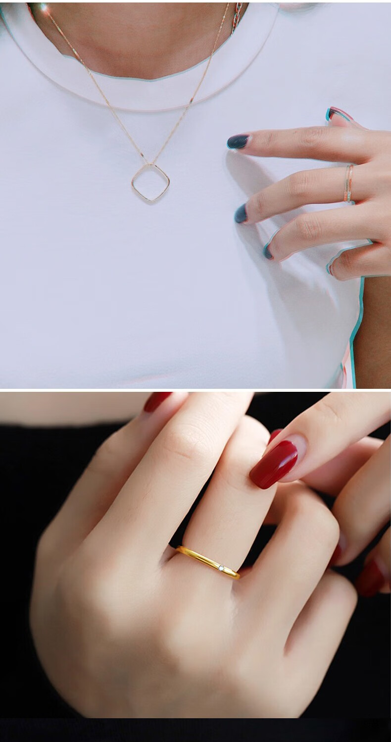 老凤凰18k黄金戒指女方形戒指网红款几何钻石小方戒素圈三生三世戒指