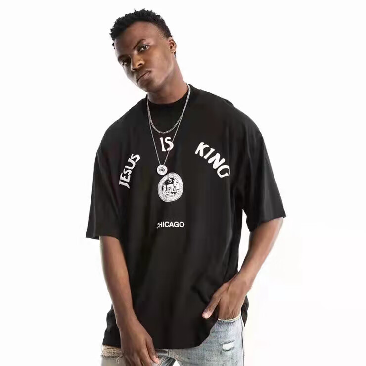 kanye侃爷美式潮牌芝加哥发泡字母印花高街t恤男女夏半袖上衣 黑色 l