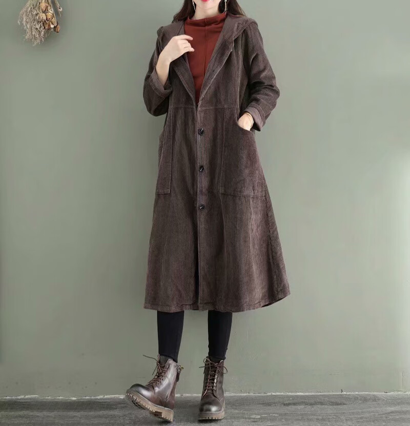 灯心绒灯芯绒风衣女外套中长款民族风宽松秋冬士复古文艺范显瘦士 咖