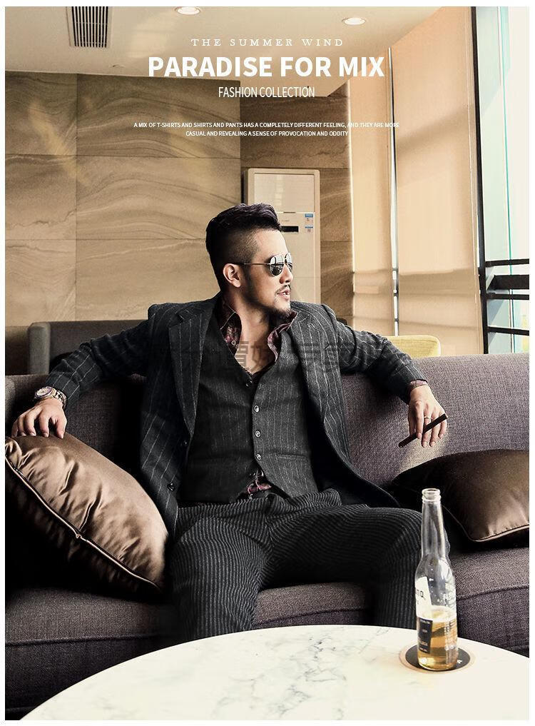 休闲西装套装男nickwooster美式休闲复古深灰条纹羊毛西装胖子西服