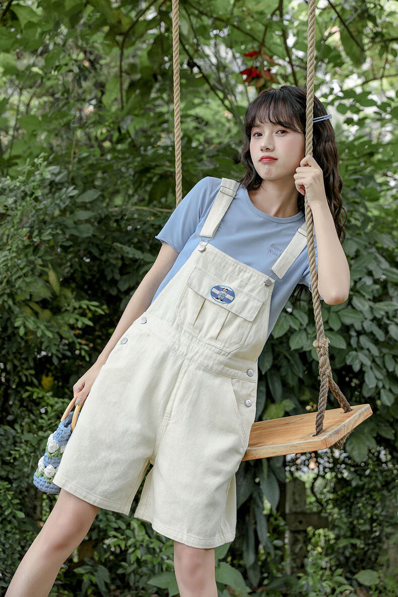 背带短裤女学生韩版宽松白色牛仔背带裤女2022夏新款刺绣五分裤甜美