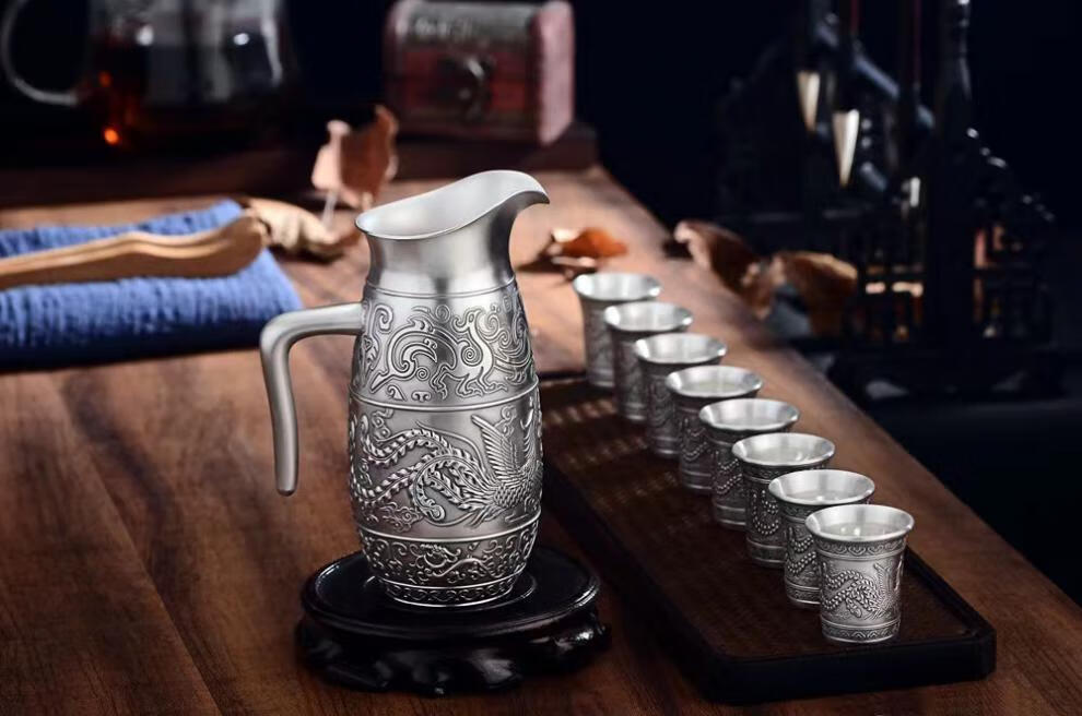 银酒杯纯银酒具 纯银酒具白酒杯套装中式复古银酒杯酒壶999足银酒器