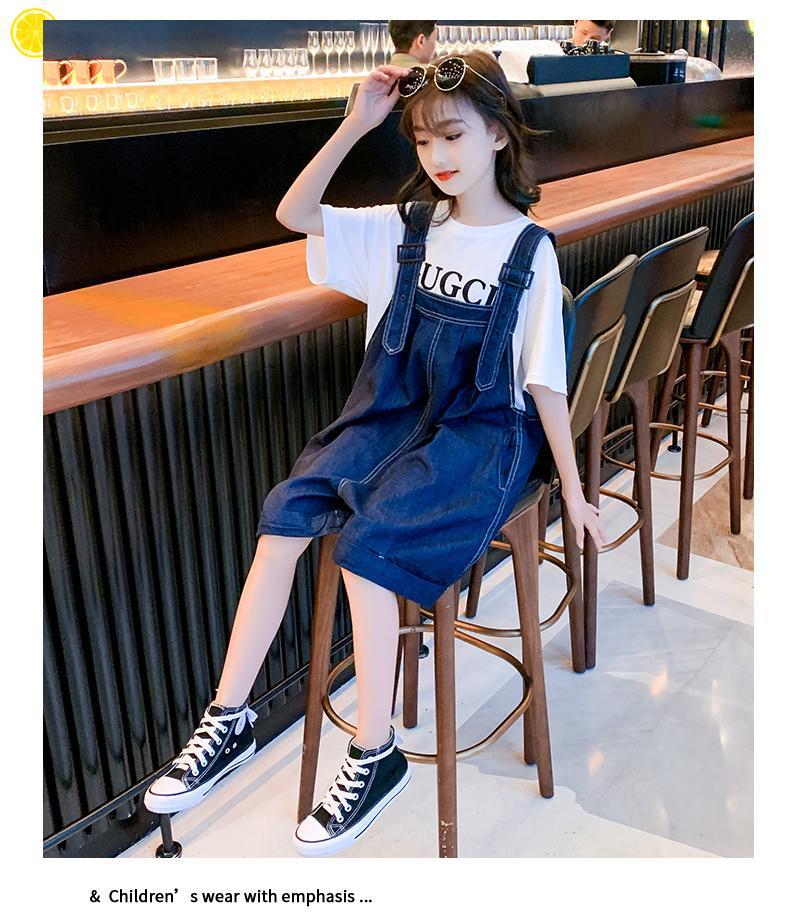 小学生服装时尚韩版10岁小孩子夏装中童女装牛仔背带裤2022蓝色140cm