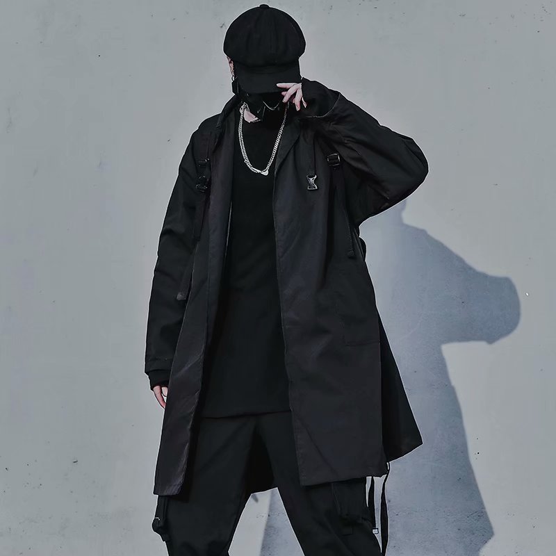 新品风衣套装男嘻哈暗黑系工装夹克男潮牌宽松中长款风衣外套痞帅套装