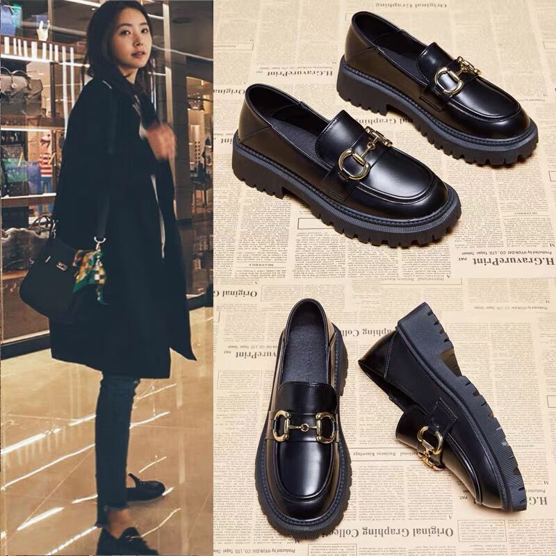 单鞋女乐福鞋2022春新款流苏厚底乐福鞋女真软皮甜美小皮鞋单鞋黑色39