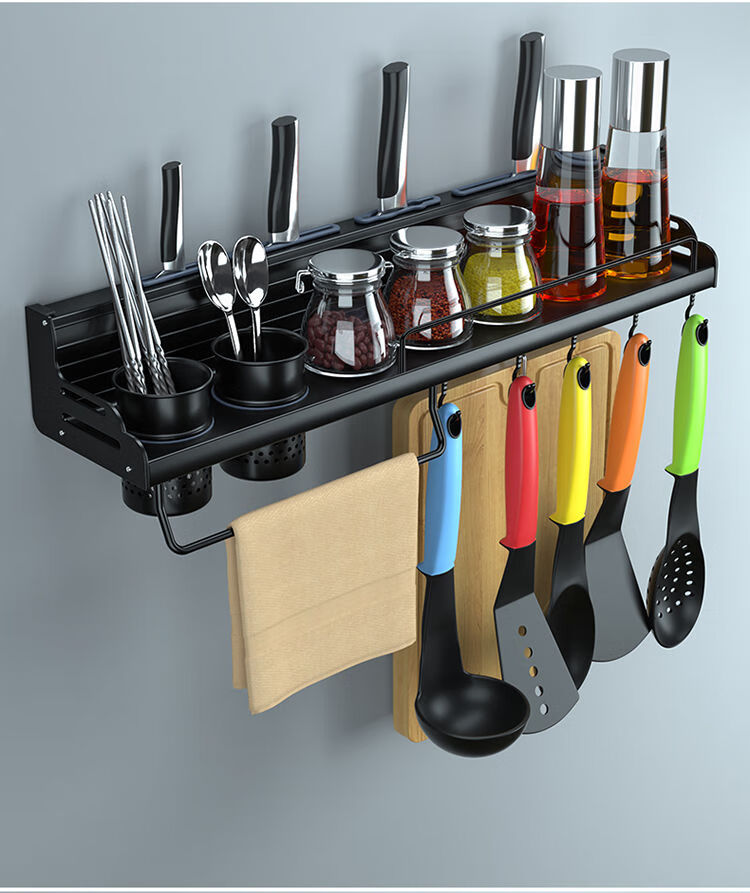 免打孔厨房置物架壁挂用品家用刀架厨具收纳架多功能黑色调料架黑色