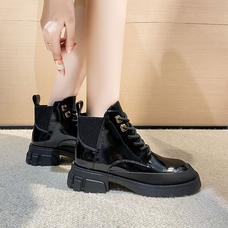 轩美诗女鞋 2022秋冬新款漆皮粗跟厚底英伦百搭裸靴短靴女鞋3401