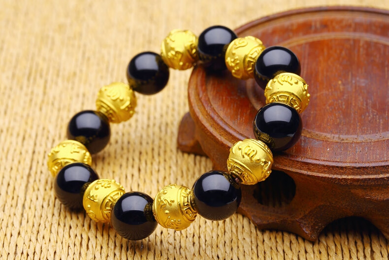 老凤凰黄金佛珠手链3d硬足金999六字真言转运珠金珠手串男女款本命年