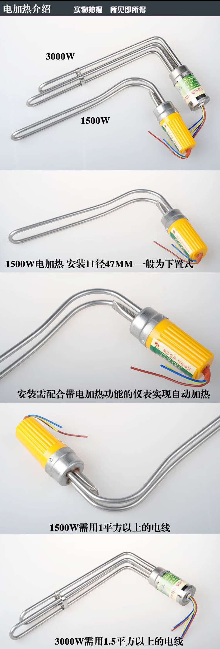 太阳能热水器电加热管加热棒辅助加热器防干烧带温控224758通用 防干