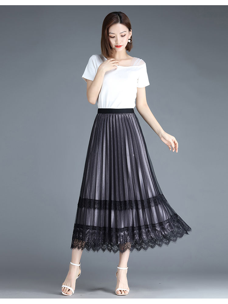 好品质夏季新款纱裙两面穿高腰百褶裙中长款网纱裙春夏新款百搭字裙