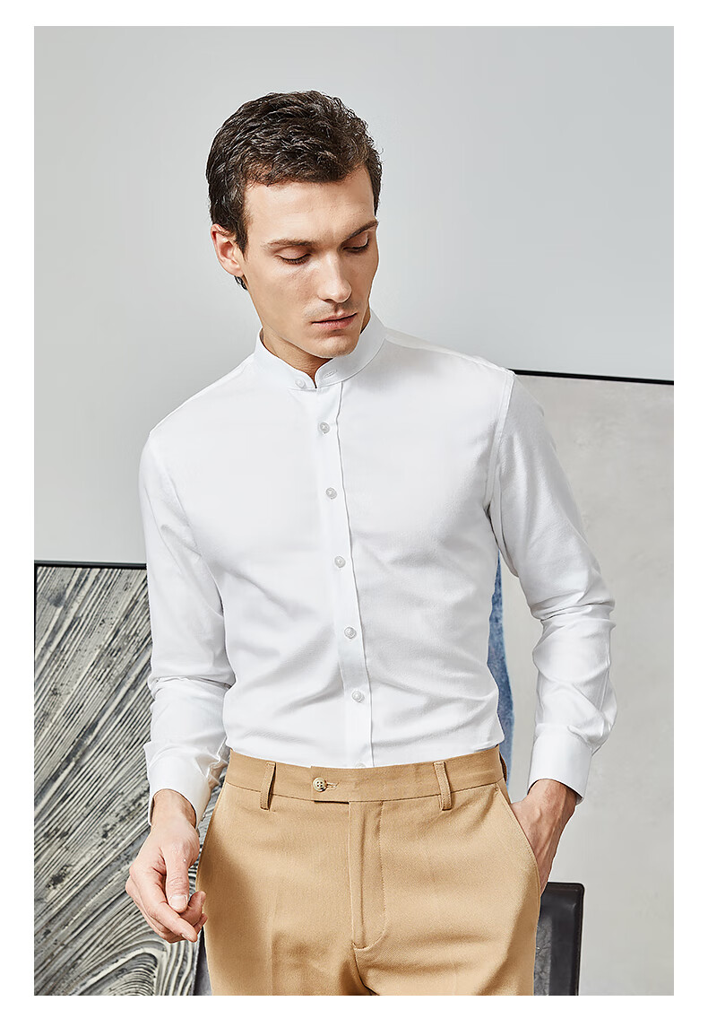 中华立领衬衫男长袖白色免烫无领小立领中山装内搭冰丝棉麻衬衣男新品