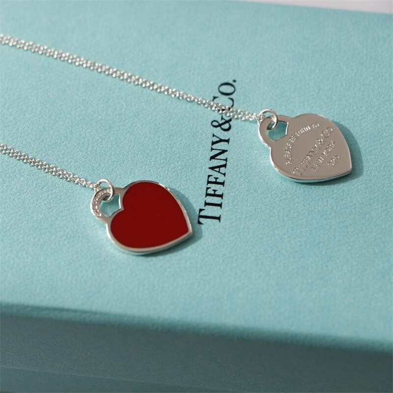 蒂芙尼	iffany 项链925银双心珐琅红心爱心吊坠项链小号 新年礼物