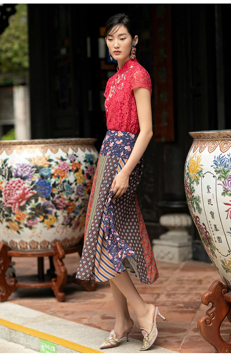 渔牌女装衬衣2022年新款女夏古典旗袍领蕾丝女士休闲上衣灰紫16080as