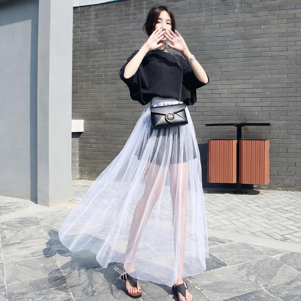 纱裙半身裙透明春夏季透视网纱单层罩裙长裙高腰外搭中长沙沙半截半节