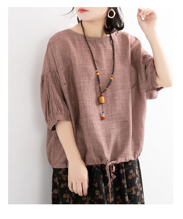 f宽松大码休闲t恤女蝙蝠衫下摆抽绳圆领中袖套头棉麻衫上衣2020夏曼