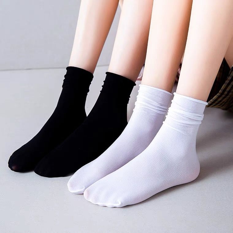 堆堆袜冰冰袜夏季薄款袜子少女可爱日系中筒袜黑白色卷边袜子5黑色5装