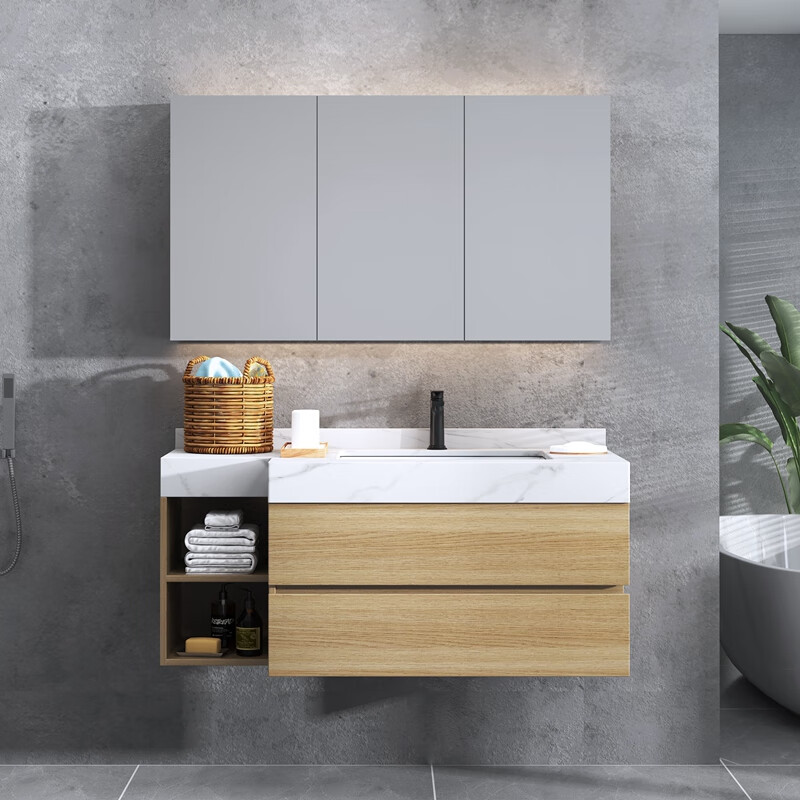 京选优品斜角浴室柜定制浴室柜镜柜智能现代简约原木色卫浴洗漱台洗脸