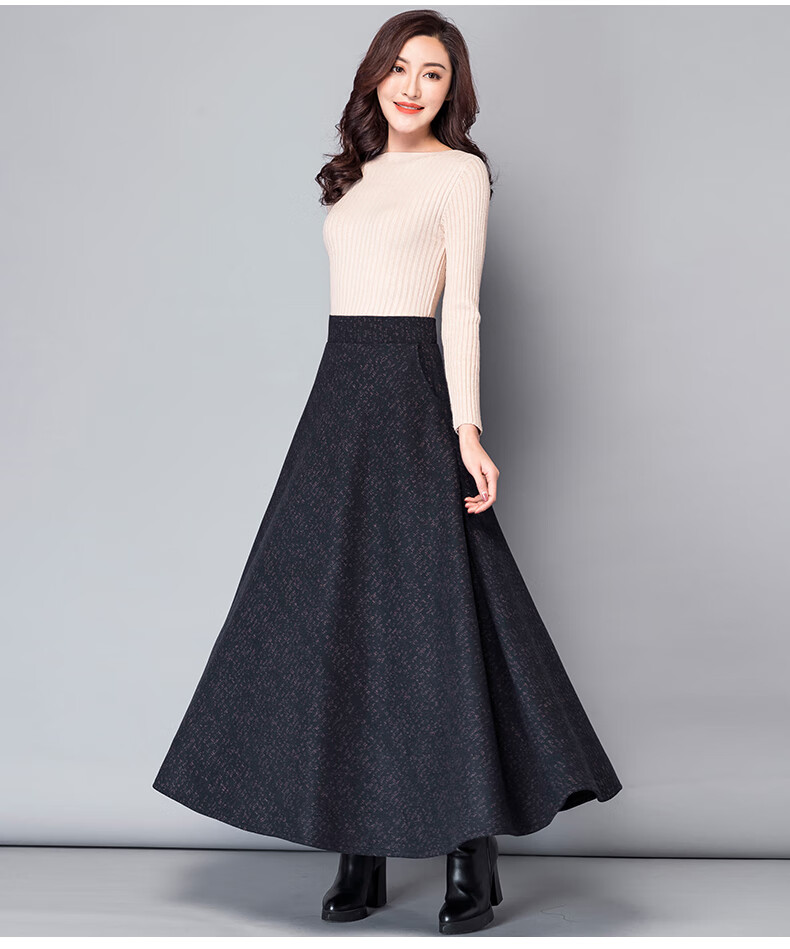 裙春秋款毛呢秋冬季中年女士妈妈高腰a字加厚大摆半截过膝长裙中长款