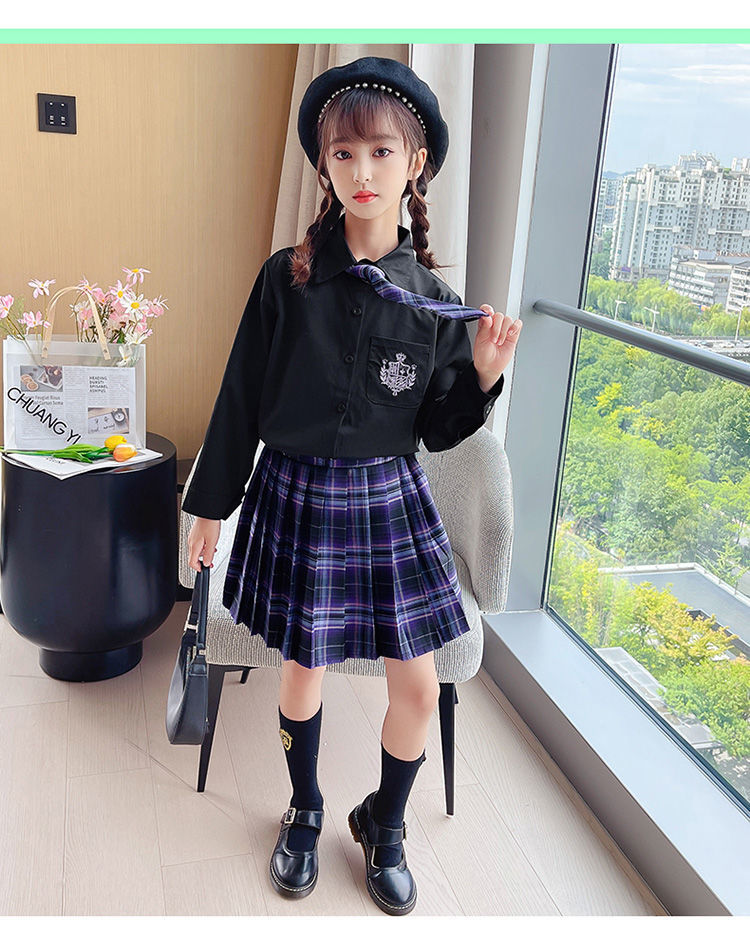 女童jk套装儿童jk套装全套女童春秋学院风三件套格子百褶裙西服外套