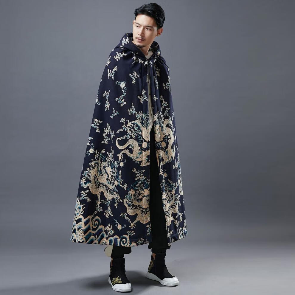 皇帝斗篷秋冬加绒斗篷披肩汉服披风古装复古中国风男棉麻风衣红色均码