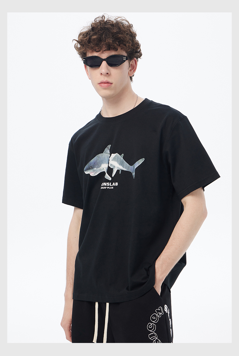 iconslab联名ssurplus鲨鱼t恤夏季新款国潮宽松休闲情侣短袖男白色s